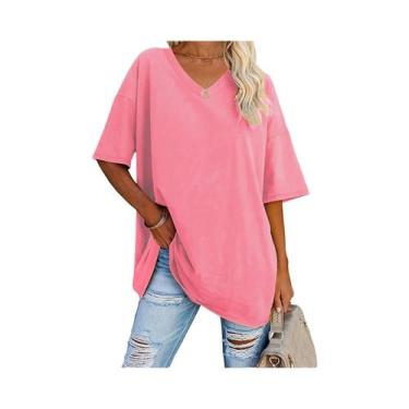 Imagem de Camiseta Feminina plus Size De Cor Sólida Com Decote Em V E Mangas Cur
