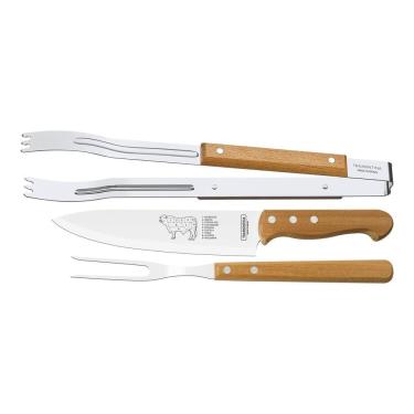 Imagem de Jogo para Churrasco Tramontina com Lâminas em Aço Inox e Cabos de Madeira Natural 3 Peças Tramontina