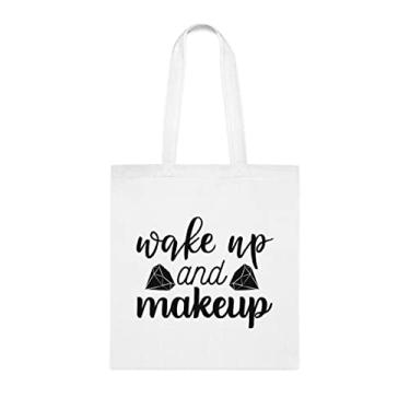 Imagem de Bolsa Wake Up And Makeup Tote Bag, presente divertido, bolsa de ombro, bolsas reutilizáveis, cesta de Natal de aniversário, ideia de presente, Branco