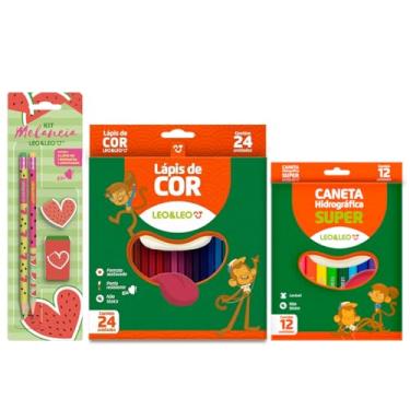 Imagem de Kit Material Escolar Lápis de Cor 24 Cores + Canetinha 12 Cores + Kit Temático com Lápis, Borracha e Apontador - Leo e Leo (Melancia)