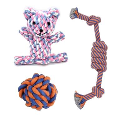 Imagem de SunGrow Nó de corda de algodão, urso mastigável mastigável de 11,4 cm, bola de corda de 6,3 cm e corda oral durável de 30,5 cm, tecido à mão para cães de raças pequenas, dentes de massagem, gengivas,