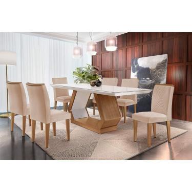 Imagem de Sala De Jantar Completa Alvorada Tampo Madeirado C- Vidro Canto Reto 180x90cm E 6 Cadeiras Amsterdã Imbuia-off White - Suede Creme - Rufato