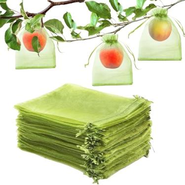 Imagem de 100 sacos de proteção de frutas 15 x 23 cm, capa de rede verde, sacos de cordão de malha de frutas, proteção contra pragas para árvores frutíferas, tomate, mirtilo, horta de frutas pequenas (100 peças