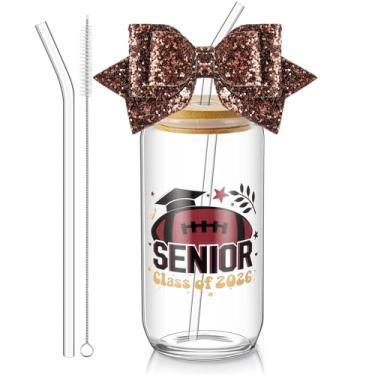 Imagem de Hushee Class of 2026 Senior Night Gifts Garrafa de água de vidro de 473 ml com tampas Canudos Glitter Bow Straw Topper Senior 2026 Tumbler Presente de Formatura para Mulheres Treinadoras de Equipe