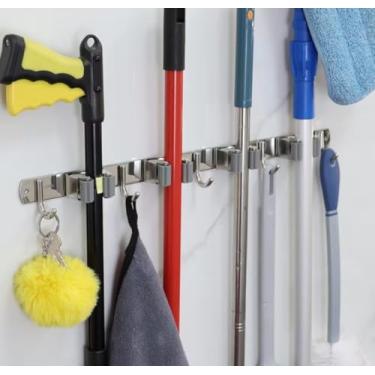 Imagem de Suporte de Parede em Inox para Vassouras com 9 Acessórios, Organizador de Utensílios