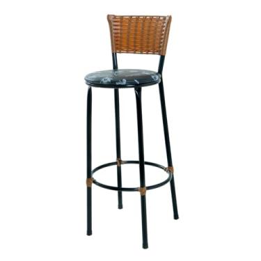 Imagem de Cadeira Bistrô Alta com Encosto Em Junco Imbuia, Preta, para Balcões e Área Gourmet (PRETO FLORIDO)