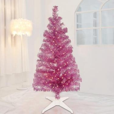 Imagem de Árvore de Natal Juegoal 4 pés rosa pré-iluminada com 70 LED branco que