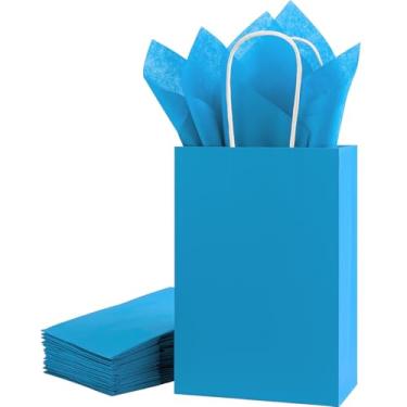 Imagem de SUNCOLOR Pacote com 24 sacos de presente azuis com alças – Sacos de presente de 20 cm com 24 papéis azuis para lembrancinhas de festa, chás de bebê, aniversários, revelação de gênero e celebrações