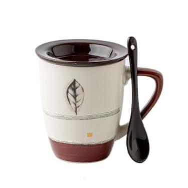 Imagem de URGDWEKJY Caneca de viagem caneca de folha de outono com colher coberta copo de água 400 ml xícara de café cerâmica para casa xícara de chá de leite xícara de chá copo de bebida diário copo de café