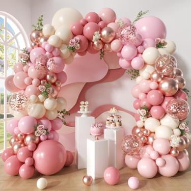 Imagem de Woaipati Kit de arco de balão rosa empoeirado, 148 peças rosa empoeirado macaron laranja pastel rosa areia branca ouro rosa balões confetes para bebês chá de panela, casamento, noivado, festa de