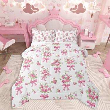 Imagem de jejeloiu Conjunto de edredom casal com laço rosa, para crianças, meninos, meninas, rosa, floral, decoração de quarto, microfibra, 3 peças com 2 fronhas