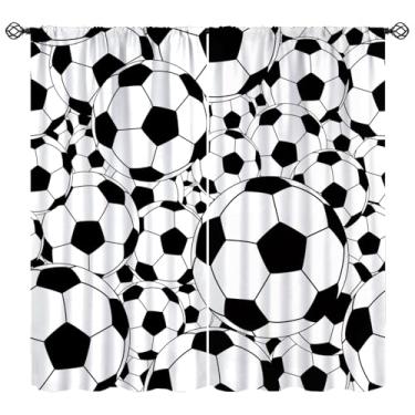 Imagem de Cortinas esportivas, futebol infantil, clássico, branco, preto, padrão de bolas de futebol, tratamentos de janela, cortinas com isolamento térmico para varão, conjunto de 2 painéis para quarto