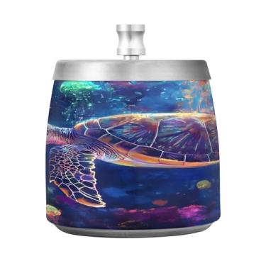 Imagem de JUZIHAI Cinzeiro colorido de tartaruga de água-viva com tampa, bandeja de cinzeiro de aço inoxidável inodoro à prova de vento cinzeiro sem fumaça para escritório em casa, pátio, varanda, fumar