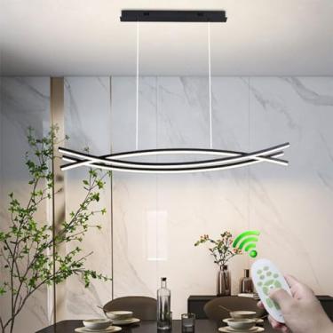 Imagem de Lustre moderno para mesa de jantar, luminária pendente linear preta com iluminação LED, dimerizável e com controle remoto. Luminária de teto embutida curva e simples para ambientes internos,