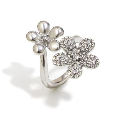 Imagem de Lindo anel de declaração de flor de cristal para mulheres de aço inoxidável com strass, flores, floral, casamento, noivado, compromisso, ajuste confortável, aliança delicada, joia de coquetel para mãe
