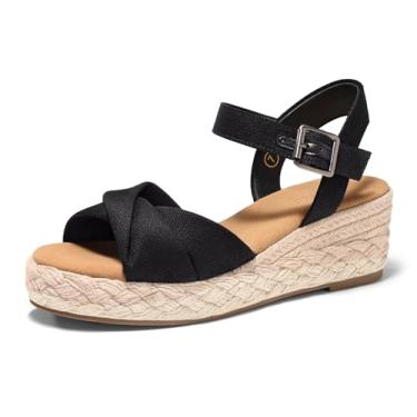 Imagem de Coutgo Sandálias femininas plataforma salto plataforma alpargatas bico aberto tira no tornozelo lona torcida verão praia sapatos, Preto, 36