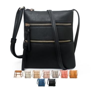 Imagem de Bolsas transversais femininas de couro, bolsas de ombro com alça ajustável, bolso com zíper e borla, Preto, Bolsas transversais femininas