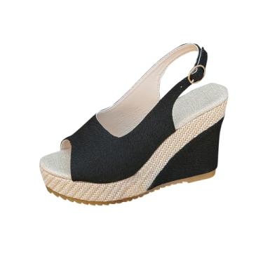 Imagem de Sandália feminina moderna casual primavera verão versátil plus size praia sandália peep toe fivela, Preto, 36
