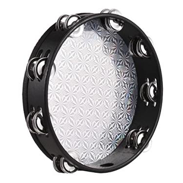 Imagem de Qudai Tambor de mão de pandeiro radiante de madeira de 10 polegadas com jingles de linha dupla cabeça de tambor reflexiva instrumento de percussão musical