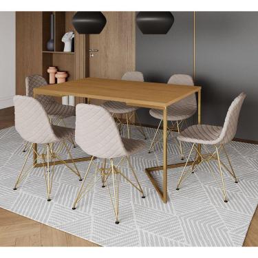 Imagem de Mesa Jantar Industrial Canela Base V Dourada 137x90cm C/ 6 Cadeiras Estofadas Nude Claro Dourada