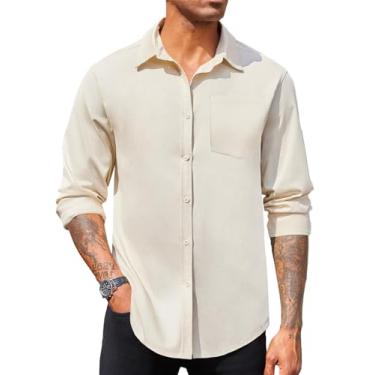 Imagem de Runcati Camisa social masculina de botão, manga comprida, sem rugas, formal, para casamentos, smoking, Bege, M