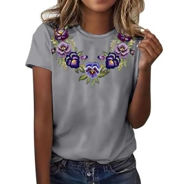 Imagem de Camiseta feminina de conscientização de Alzheimers roxo floral blusa verão casual solta blusa manga curta gola redonda túnica, Cinza, P