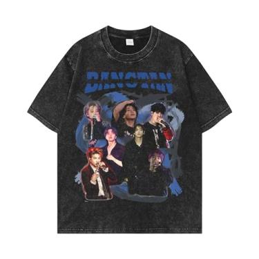 Imagem de Camiseta K-pop com estampa de mercadoria vintage envelhecida Decolor Dirty-Liked Contton gola redonda, 1, GG