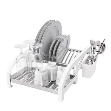Imagem de Escorredor Cama 12 Pratos Inox Branco Com Porta Talheres - Domum