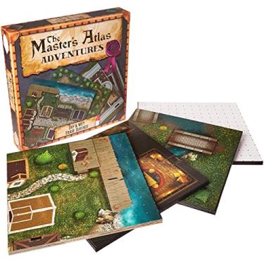 Imagem de The Master's Atlas: Adventures, pacote com 4 tabuleiros reversíveis + Guia de história da torre do Necromante - 8 mapas personalizáveis, incluindo castelo, vila e taverna - Acessórios de jogos de mesa GM D&D