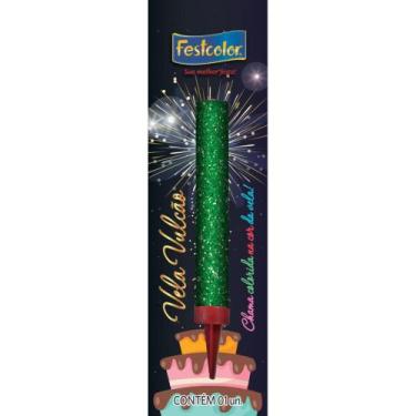 Imagem de Vela para Aniversário Vulcão Verde com Acabamento em Glitter - Festcol