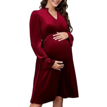 Imagem de KOJOOIN Vestido feminino de veludo com decote em V para gestantes, babados, manga comprida, coquetel, vestido de outono para chá de bebê, Borgonha, G