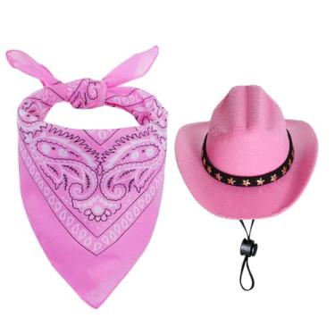 Imagem de Bskifnn Fantasia de cowboy para animais de estimação, fantasias de Halloween para cães pequenos, gatos, chapéu de caubói com bandana conjunto de cachecol acessórios de festa (rosa, pequeno)