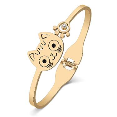 Imagem de DALANE Pulseira de aço inoxidável prata banhada a ouro 18 K com strass para gatos, presentes para mulheres, meninas, acessórios de joias (gato banhado a ouro 18K), 20mm x 65mm, Aço inoxidável, Cristal