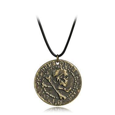 Imagem de Fuvirou Uncharted 4 Drake Jewelry Gravado Crânio Bronze Moeda Colar Pingente Colar Anel Pingente Colar Corrente de Couro Marrom Masculino, Couro, np