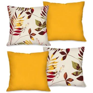 Imagem de Capas de Almofadas Decorativas para Sofá Tecido Poliester Tamanho 45cm x 45cm Quadrada com Ziper Invisivel Abstrato Folhas Amarelas kit com 4 capas
