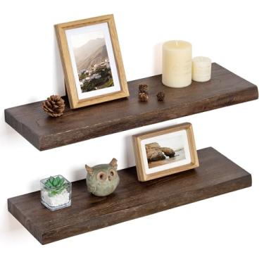 Imagem de Prateleiras flutuantes para decoração de parede, prateleiras flutuantes de madeira de olmo maciça rústica montadas na parede, prateleiras de parede com suporte invisível para sala de estar, banheiro