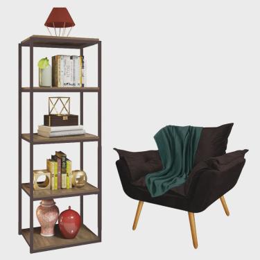 Imagem de Kit Poltrona Fatte com Manta Soft Verde e Estante Livreiro Ferro Marrom mdf Rústico Suede Marrom - Ahz Móveis