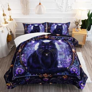 Imagem de AILONEN Conjunto de edredom Queen de gato preto, lua roxa gótica, gatinho, para crianças, adolescentes e adultos, conjunto de edredom floral boho mandala para decoração de quarto, 1 colcha + 2 fronhas