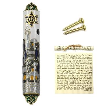 Imagem de CAMATET Mezuzá esmaltada pintada à mão de 16,5 cm com rolagem para porta - Design vintage com detalhes de cristal para presente de aquecimento de casas judaicas, decoração Hannukah (G)