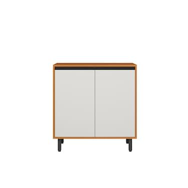 Imagem de Balcão Poliman Ravena 80cm 2 Portas Tampo 15mm Puxadores Pretos Prateleira Removível Freijó Off White Acetinado