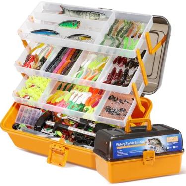 Imagem de Oridum Kit de caixa de equipamento de pesca de 560 peças com iscas, alicates, ganchos e acessórios – Caixa de armazenamento impermeável de 4 camadas – Conjunto completo de equipamentos de pesca para