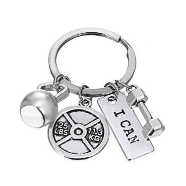 Imagem de Chaveiros de Aço Inoxidável RINHOO FRIENDSHIP para Fitness com Citação de Placa de Peso Dumbbell Kettlebell Charms Chaveiro Prata
