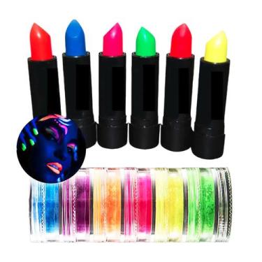 Imagem de Kit Maquiagem Neon Luz Negra: 6 Batons Sortidos + 6 Pigmentos Colorido