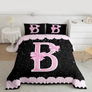 Imagem de Feelyou Conjunto de cama macio com letra B para meninos e meninas, conjunto de edredom com laço rosa, solteiro, renda, alfabeto, microfibra, laço de princesa, 2 peças com 1 fronha