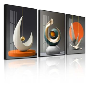 Imagem de Arte de parede moderna Abstarct com moldura grande para sala de estar, arte de parede em tela de 3 peças de estilo moderno brilhante, branco, azul, amarelo, cinza, arte de parede combinando