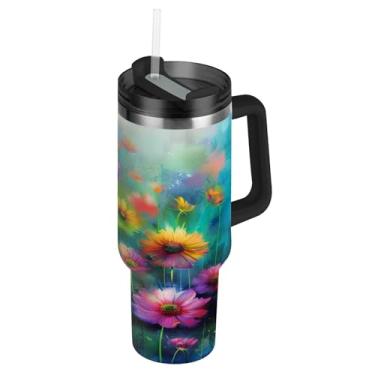 Imagem de ATTX Copo de pintura de flores coloridas de 1,134 g com alça, copo de aço inoxidável a vácuo de parede dupla com palha, caneca de café de viagem isolada #227