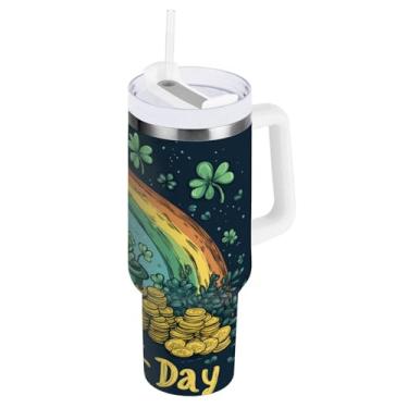 Imagem de ATTX Copo de moedas de ouro arco-íris de 850 g Dia de São Patrício com alça, copo de aço inoxidável a vácuo de parede dupla com palha, caneca de café de viagem isolada #360