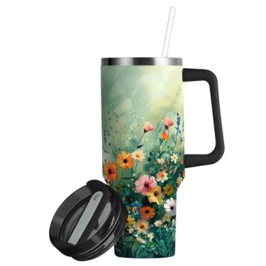 Imagem de ATTX Copo de pintura de flores coloridas de 850 g com alça, copo de aço inoxidável a vácuo de parede dupla com palha, caneca de café de viagem isolada #57