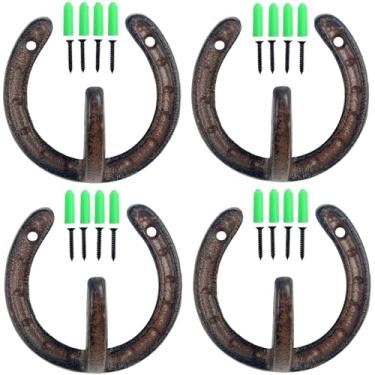 Imagem de Salome Idea Pacote com 4 ganchos vintage de ferradura de ferro fundido – cabides resistentes montados na parede, gancho multiuso, decoração de casa de fazenda para pendurar casaco, chapéu, chave