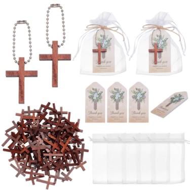 Imagem de GOMAKERER 120 conjuntos de pingentes de cruz de madeira, chaveiros de mini crucifixo de madeira de 3 cm com etiquetas de presente e sacos de cordão e cordão de juta de 10,94 metros para festa de